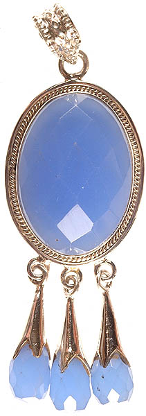 Faceted Blue Chalcedony Oval Pendant with Charms