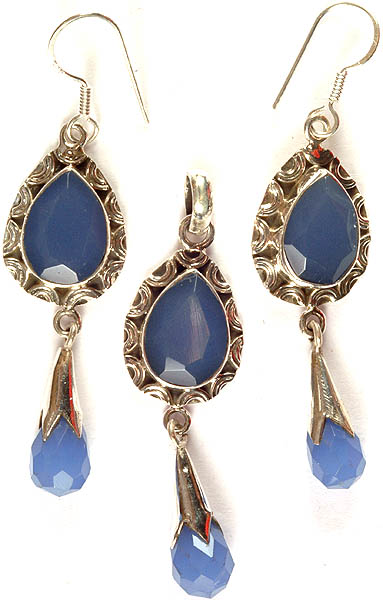 Faceted Blue Chalcedony Pendant and Earrings Set with Charms