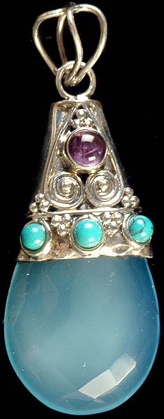 Faceted Blue Chalcedony Pendant with Amethyst and Turquoise