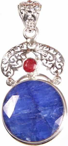 Faceted Blue Sapphire Circular Pendant with Ruby