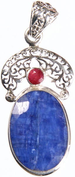 Faceted Blue Sapphire Pendant with Ruby