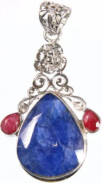 Faceted Blue Sapphire Pendant with Ruby