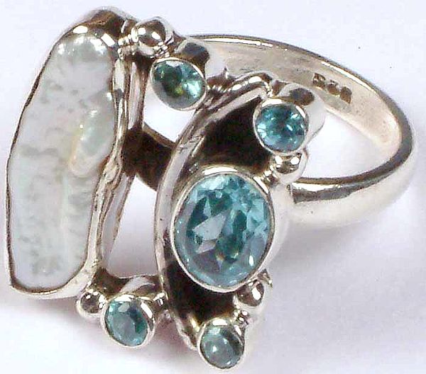 Faceted Blue Topaz & Pearl Ring