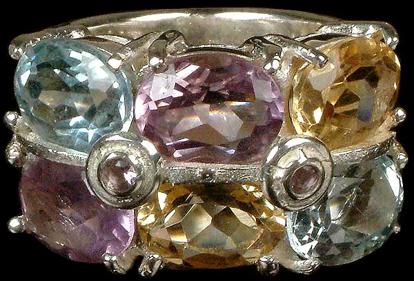 Faceted Blue Topaz and Amethyst Ring with Citrine
