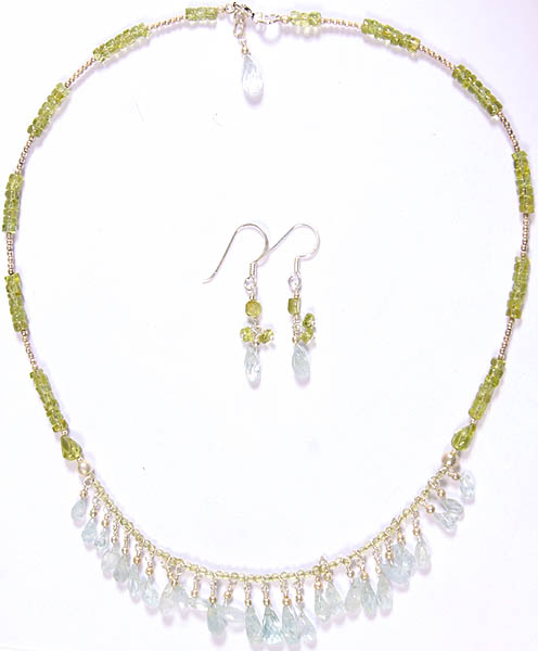 Faceted Blue Topaz and Peridot Beaded Necklace with Earrings Set