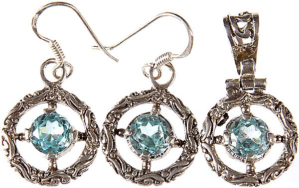 Faceted Blue Topaz Pendant with Matching Earrings Set