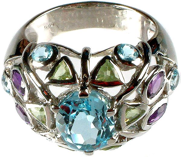 Faceted Blue Topaz Ring with Amethyst and Peridot