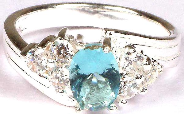 Faceted Blue Topaz Ring with Cubic Zirconia