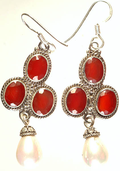 Faceted Carnelian and Pearl Earrings