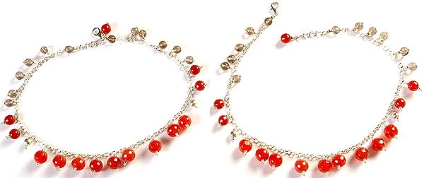 Faceted Carnelian and Smoky Quartz Anklets (Price Per Pair)