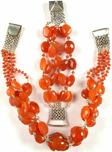 Faceted Carnelian Beaded Necklace With Matching Bracelet Set