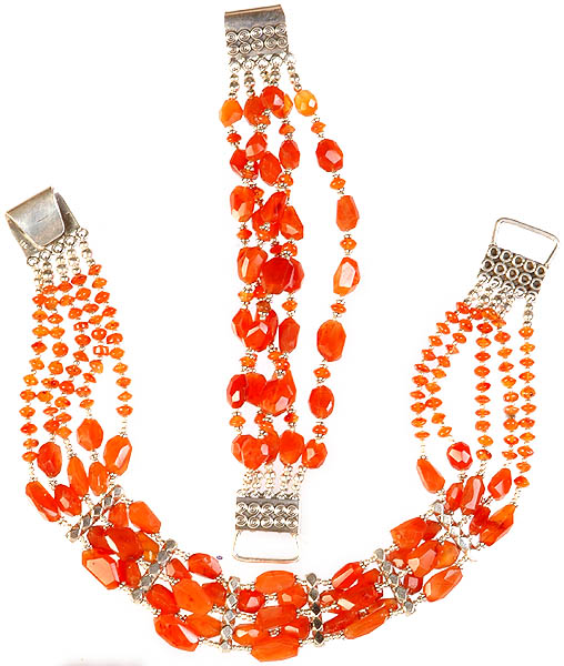 Faceted Carnelian Five Layer Beaded Necklace with Matching Bracelet