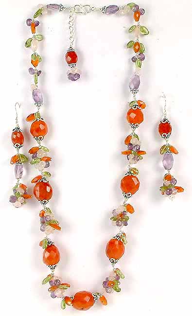 Faceted Carnelian Necklace and Earrings Set with Gemstones