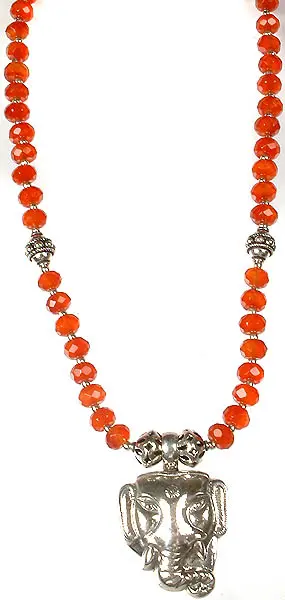 Faceted Carnelian Necklace with Head of Ganesha