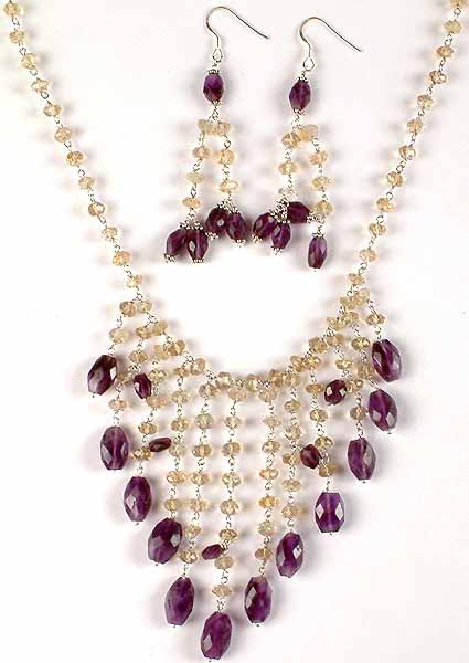 Faceted Citrine & Amethyst Necklace with Matching Earrings