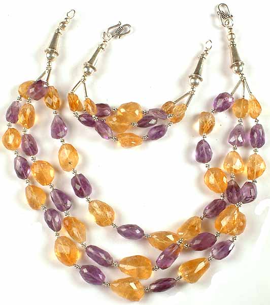 Faceted Citrine & Amethyst Necklace with Matching Bracelet
