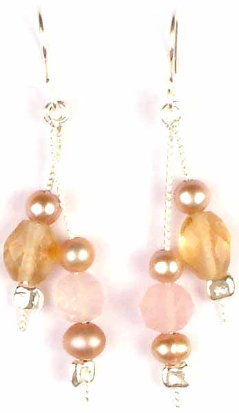 Faceted Citrine & Rose Quartz Earrings with Pearls