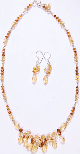Faceted Citrine and Amber Dust Necklace with Matching Earrings Set