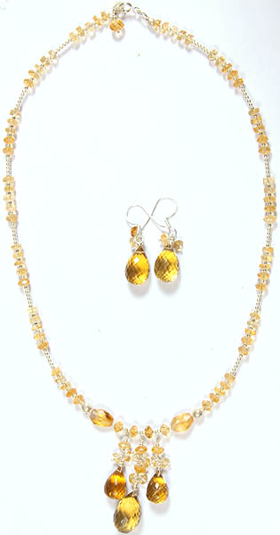 Faceted Citrine Necklace with Charms and Earrings Set