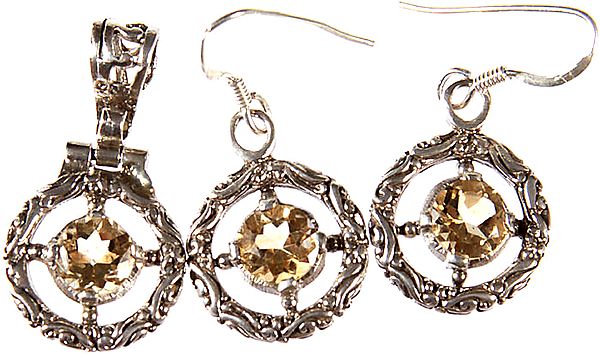 Faceted Citrine Pendant with Matching Earrings Set