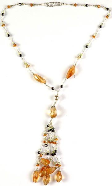 Faceted Citrine, Peridot and Black Pearl Necklace with Charm