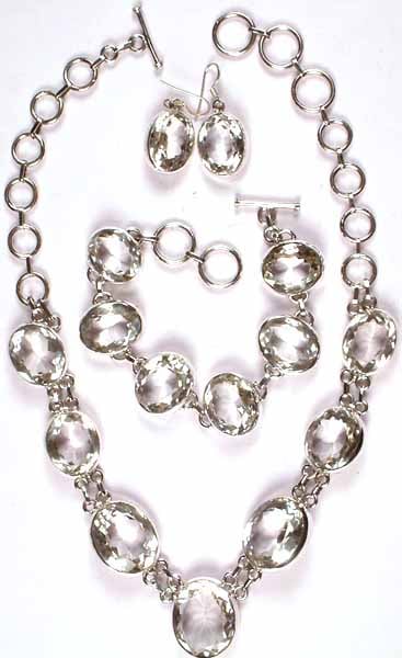 Faceted Crystal Necklace With Matching Bracelet & Earrings Set