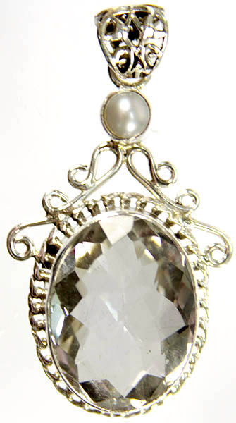 Faceted Crystal Oval Pendant with Pearl