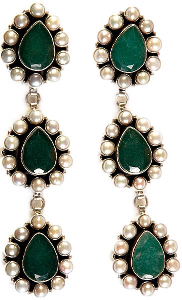 Faceted Emerald and Pearl Earrings