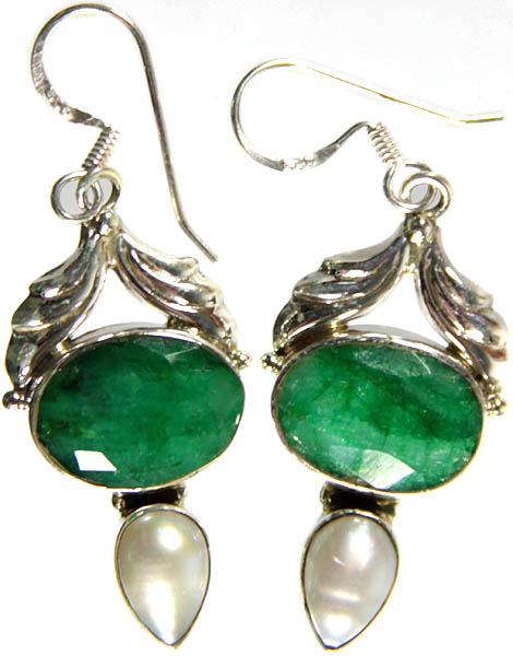 Faceted Emerald and Pearl Earrings