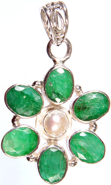 Faceted Emerald and Pearl Pendant