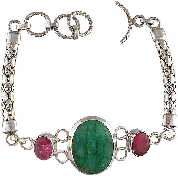 Faceted Emerald Bracelet with Twin Ruby