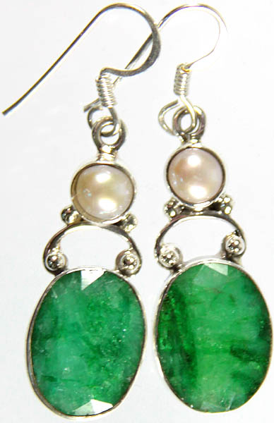 Faceted Emerald Earrings with Pearl
