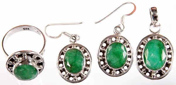Faceted Emerald Pendant, Earrings and Ring Set