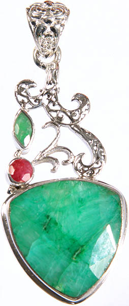Faceted Emerald Pendant with Ruby
