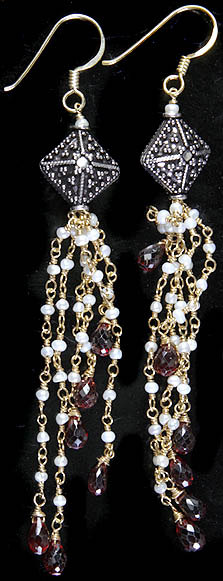 Faceted Garnet and Pearl Earrings