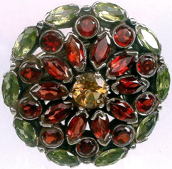 Faceted Garnet and Peridot Flower Ring with Central Citrine