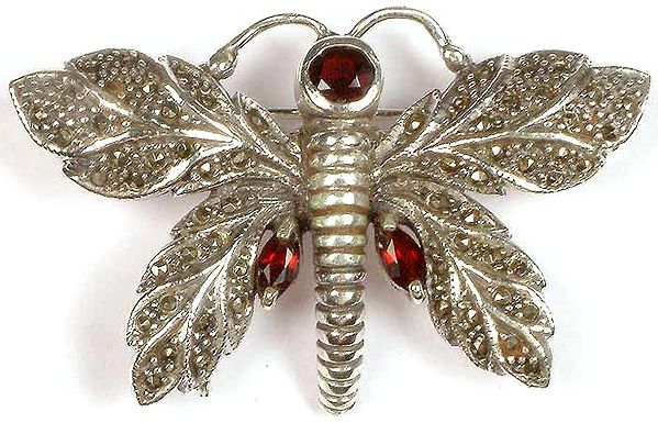 Faceted Garnet Butterfly Brooch with Marcasite
