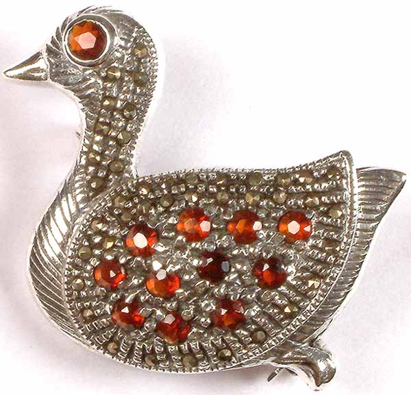 Faceted Garnet Duck Brooch with Marcasite