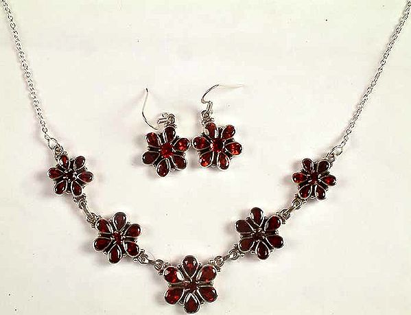 Faceted Garnet Flower Necklace with Matching Earrings