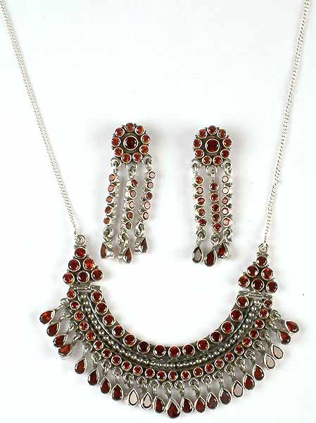 Faceted Garnet Necklace & Matching Earrings Set with Dangles