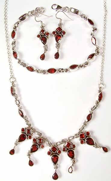 Faceted Garnet Necklace, Bracelet & Earrings Set