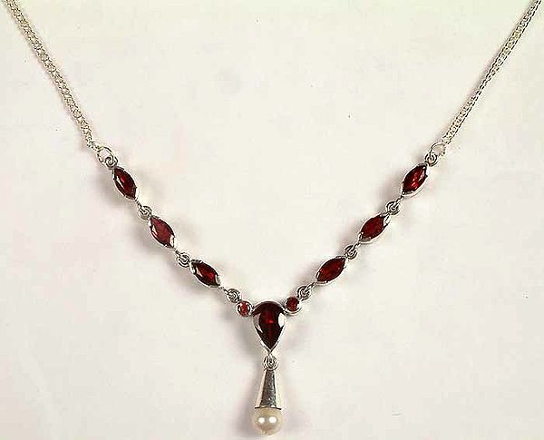 Faceted Garnet Necklace with Pearl Dangling Drop