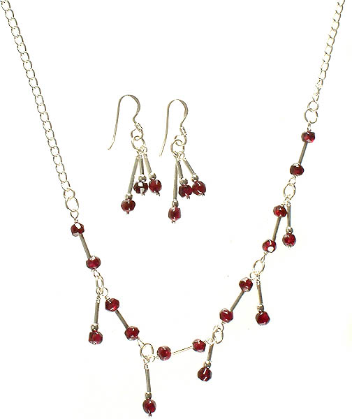 Faceted Garnet Necklace with Spikes and Matching Earrings Set