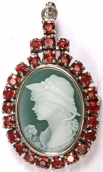 Faceted Garnet Pendant Cum Brooch with Carved Lady Figure