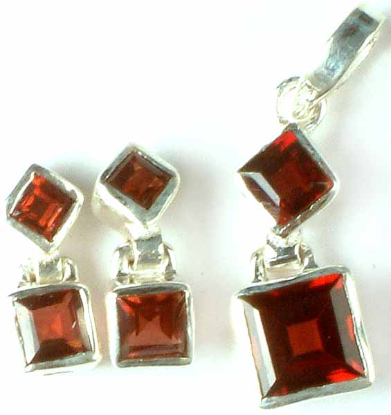 Faceted Garnet Pendant with Matching Earrings Set