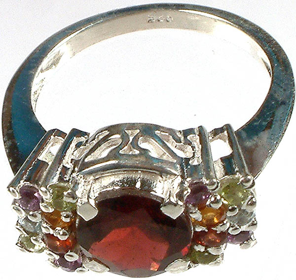 Faceted Garnet Ring with Mini Amethyst, Peridot, Blue Topaz and Citrine