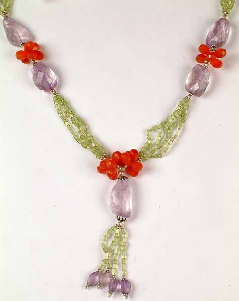 Faceted Gemstone Beaded Necklace (Amethyst, Peridot and Carnelian)