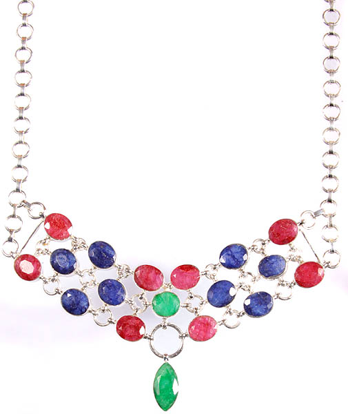 Faceted Gemstone Beaded Necklace (Ruby, Sapphire and Emerald)