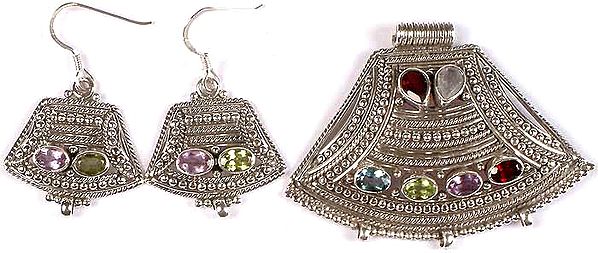 Faceted Gemstone Designer Pendant with Matching Earrings Set