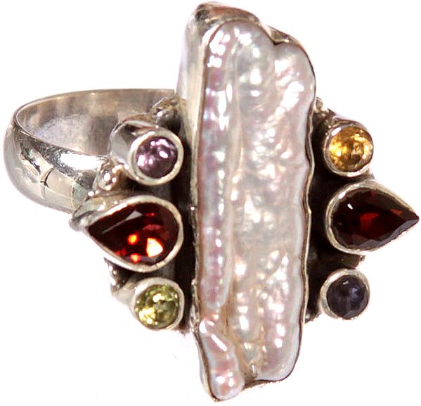 Faceted Gemstone Finger Ring with Rugged Pearl (Amethyst, Citrine, Garnet, Peridot and Iolite)
